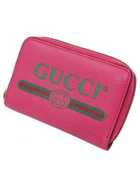 Gucci Logo Print Leather Design Round Zipper Coin Purse Case Compact Wallet